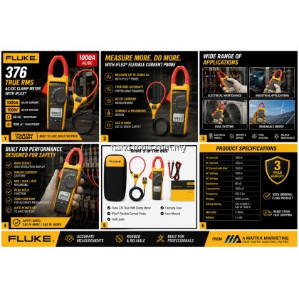 Fluke 376 Meter Klip True RMS AC/DC | Dengan Probe Arus Fleksibel AC/DC Clamp Meter With i-Flex,1000A Fluke 376 Meter Klip True RMS AC/DC | Dengan Probe Arus Fleksibel AC/DC Clamp Meter With i-Flex,1000A